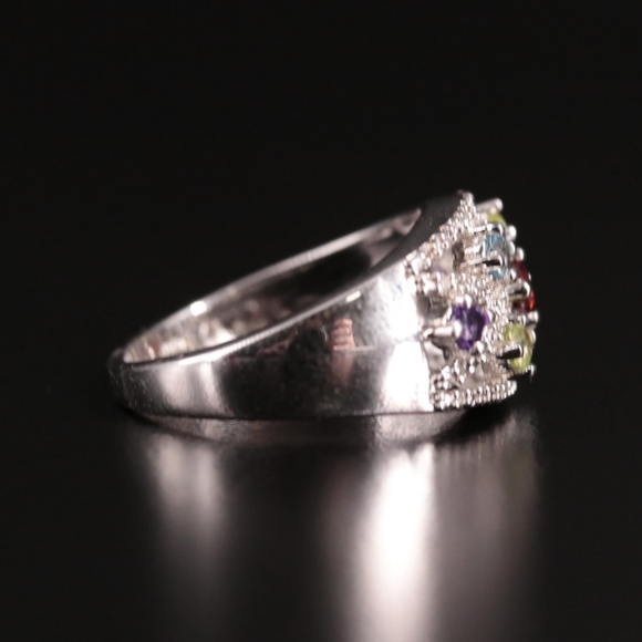 Sterling Silver Openwork Ring with Garnet, Blue Topaz, and Diamond Stone… - Picture 6 of 8